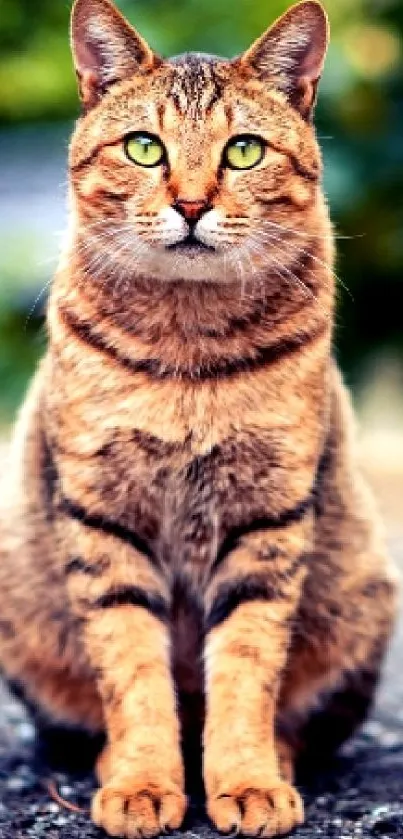 Majestic brown tabby cat with green eyes sitting gracefully.