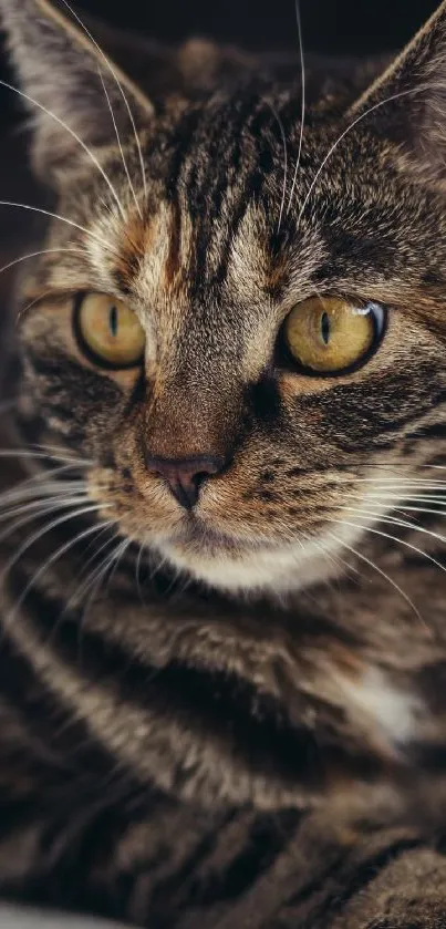 Close-up of a tabby cat with striking yellow eyes, perfect for mobile wallpaper.