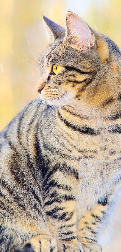 Majestic tabby cat sitting in sunlight on a post.