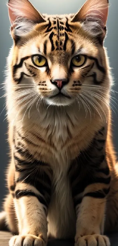 Majestic brown tabby cat with striking patterns and a captivating gaze.