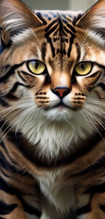 Realistic tabby cat close-up with striking eyes, perfect for mobile wallpaper.