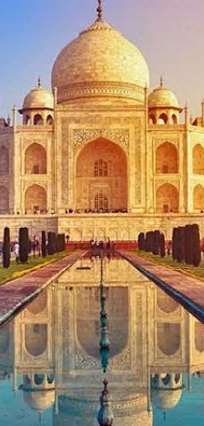 Majestic view of Taj Mahal during sunset with reflection in the pool.