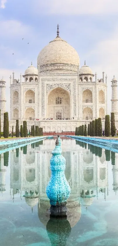 Taj Mahal reflecting in serene blue waters.