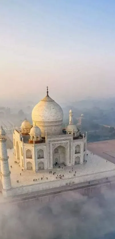 Aerial view of the Taj Mahal against a clear blue sky.