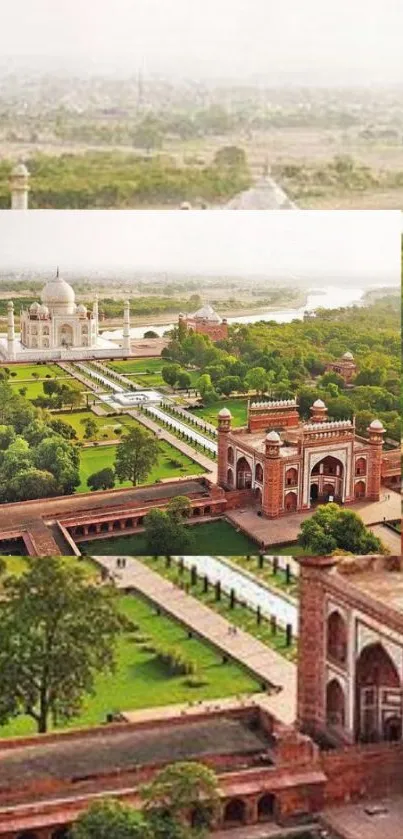 Aerial view of the Taj Mahal with lush green gardens and the Yamuna River.