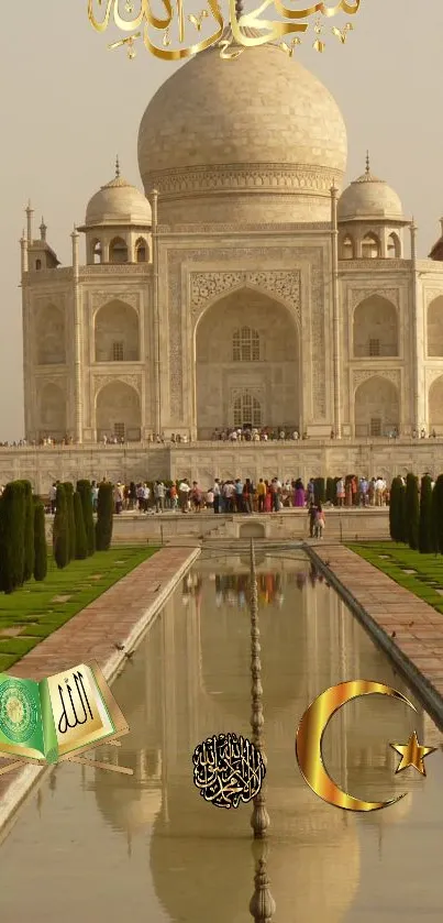 Taj Mahal with Islamic symbols, mobile wallpaper.