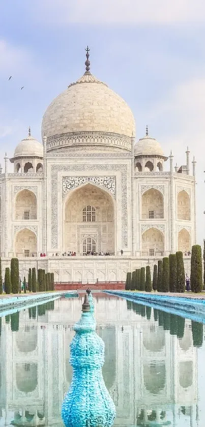 Taj Mahal majestically reflected in water.