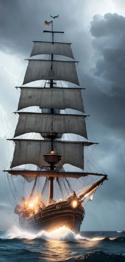 Tall ship sails through stormy ocean under dramatic skies.