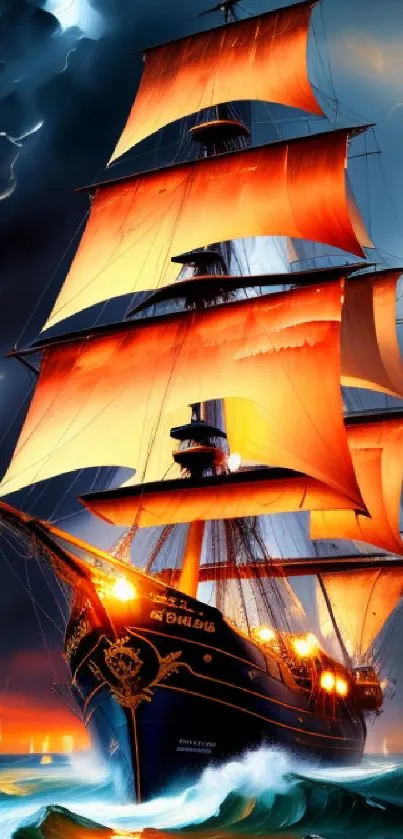 Majestic tall ship with orange sails on stormy ocean.