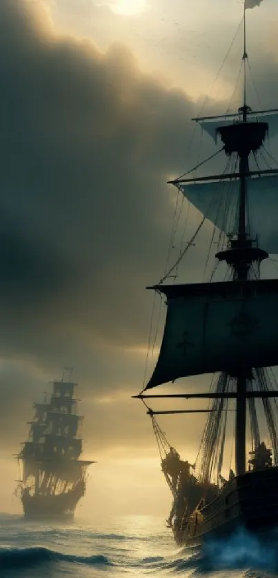 Majestic tall ship sailing under dramatic skies on the open ocean.