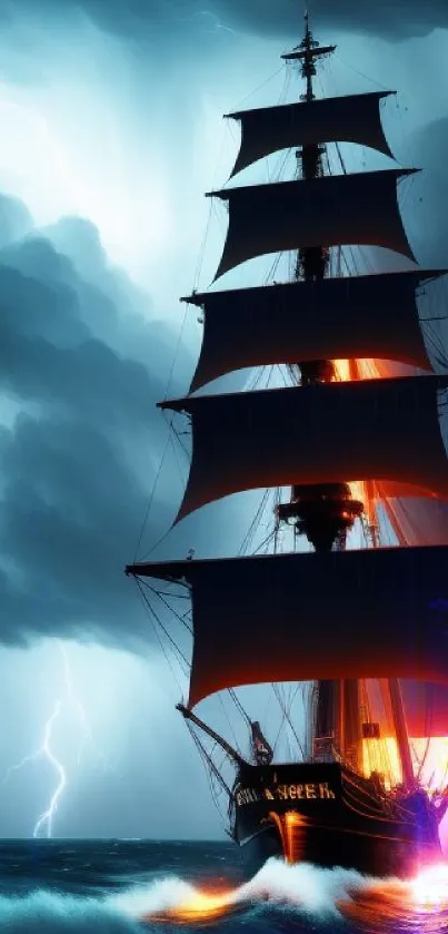 Tall ship sails through stormy ocean with dramatic sky.