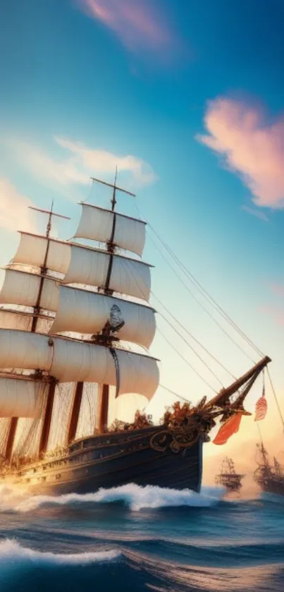 Majestic tall ship sailing under a sunset sky on ocean waves.