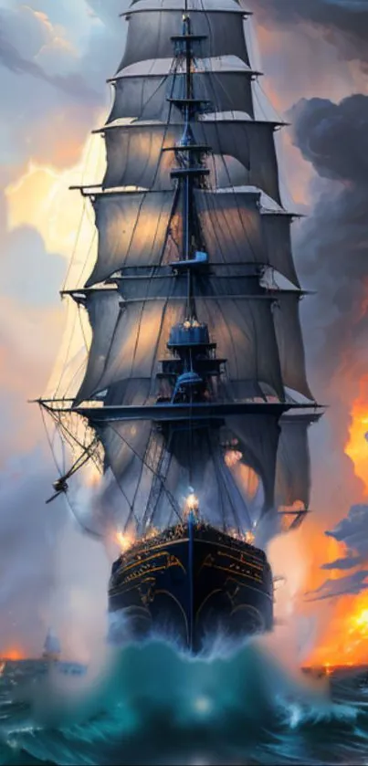 Tall ship sailing in stormy seas with vibrant skies.