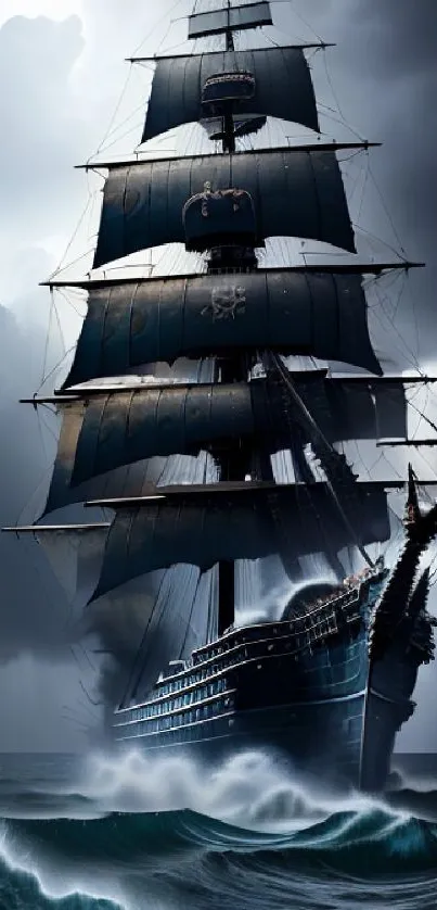 Majestic tall ship sails through stormy seas under dramatic skies.