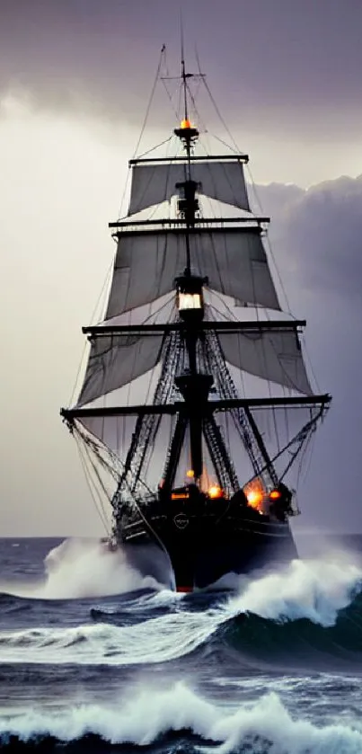 Majestic tall ship navigating stormy seas with waves crashing.