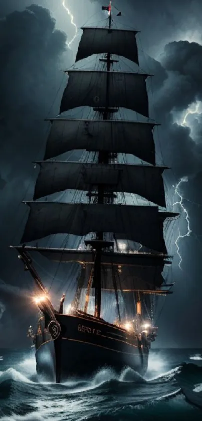 Tall ship amidst lightning and stormy ocean waves.