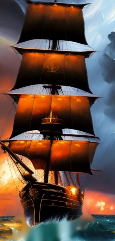 Majestic tall ship sails with vibrant sunset colors in the background.