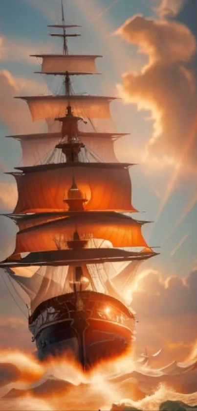 Majestic sailing ship in fiery sunset with glowing clouds and ocean waves.