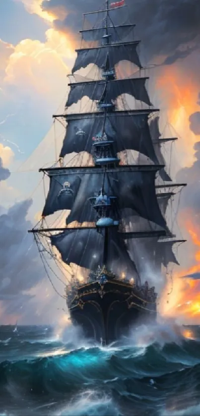 Majestic tall ship sailing through stormy seas with dramatic sky and ocean waves.