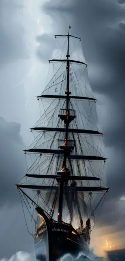 Tall ship navigating through a stormy ocean under dramatic clouds.