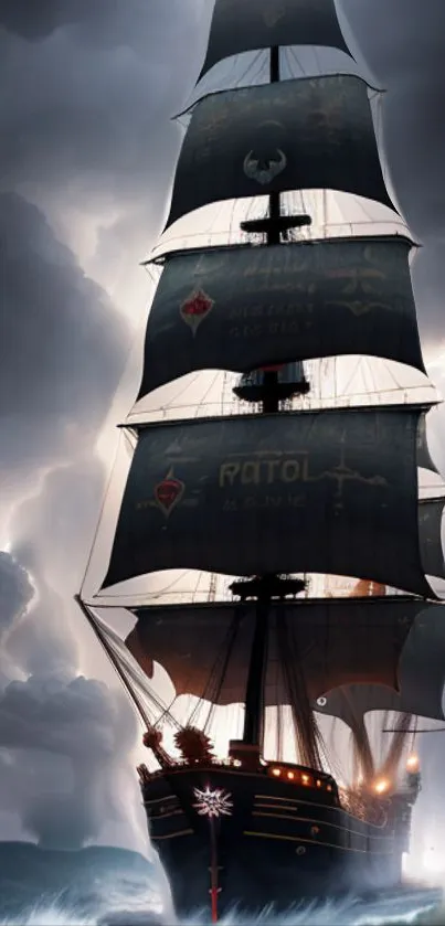 Majestic tall ship sailing through stormy seas with lightning.