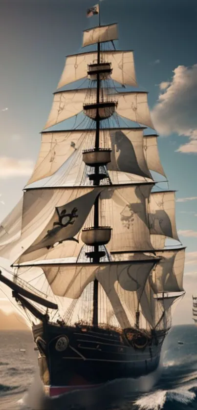 Tall ship sails across the ocean under a clear blue sky.