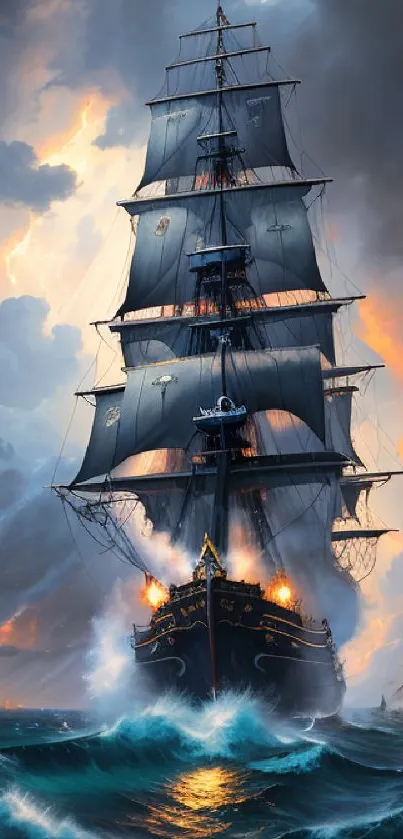 Majestic tall ship braving stormy seas in dramatic mobile wallpaper.