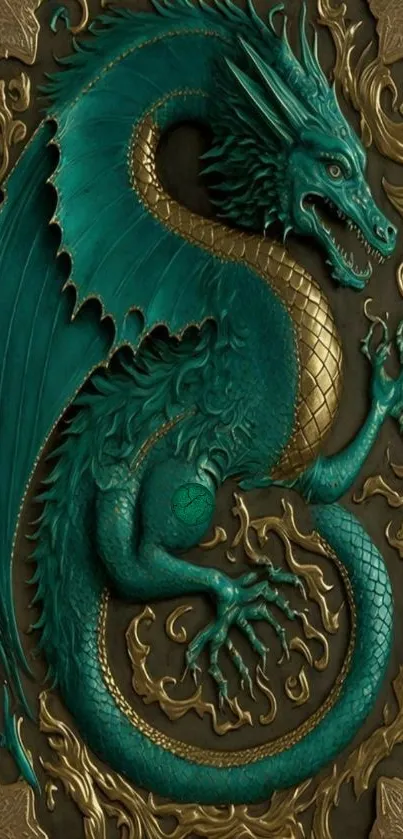 Teal dragon with golden accents, intricate medieval design.