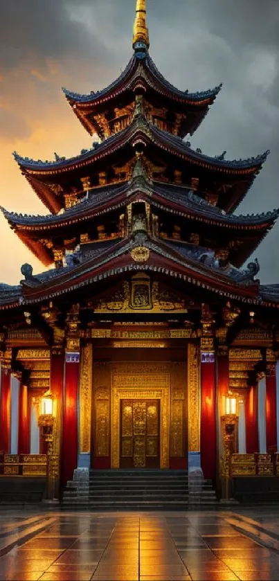 Majestic temple against sunset sky with golden illumination.