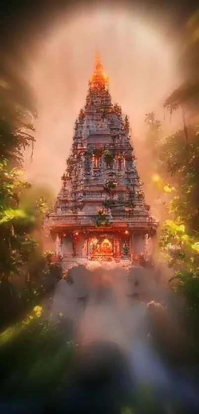 Mobile wallpaper of a glowing temple surrounded by nature.