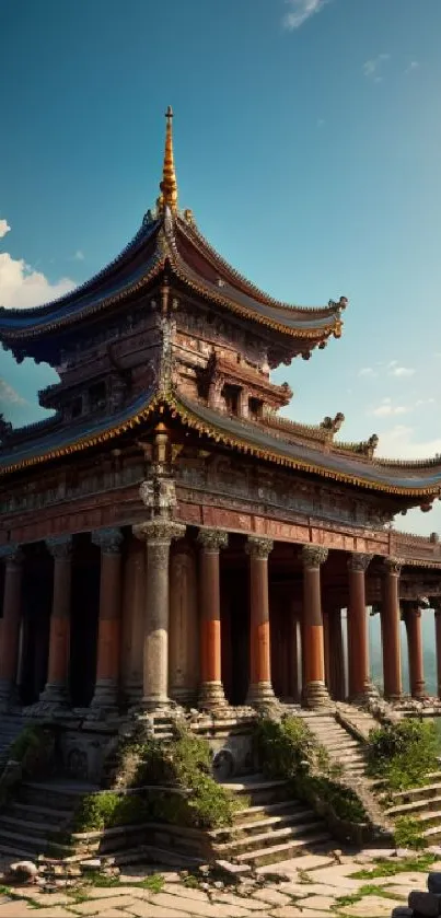 Stunning ancient temple in mountain landscape under a clear blue sky.