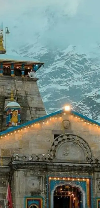 Majestic temple with mountain background and sky blue hues.