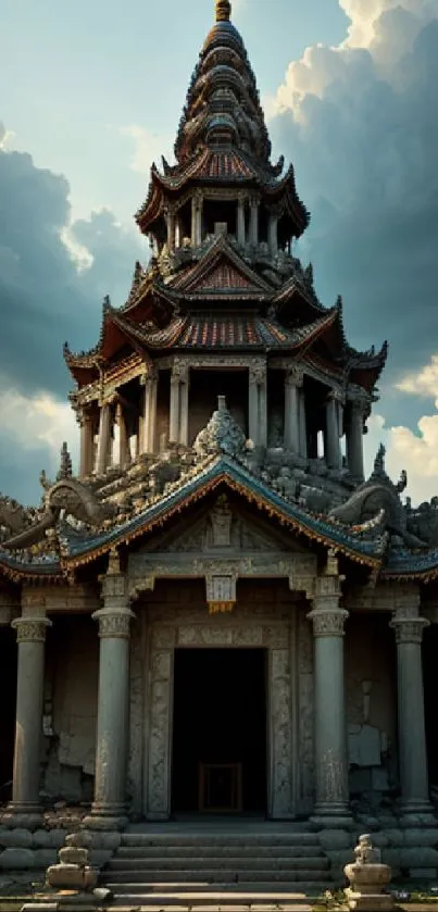 Majestic temple with dramatic cloudy sky backdrop.