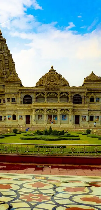 Majestic temple against a blue sky, showcasing intricate architectural design.