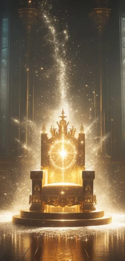 A majestic throne glowing with golden light and sparkles in a regal setting.