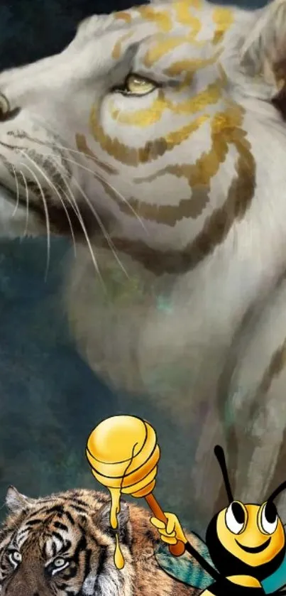 White tiger and animated bee on mobile wallpaper.