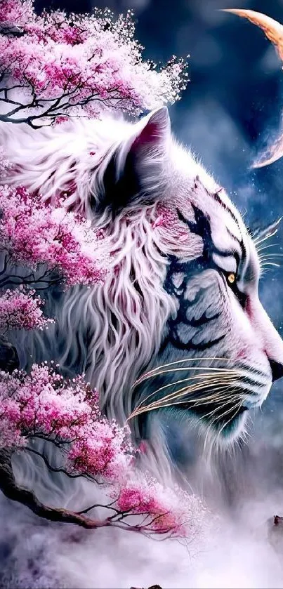 Majestic white tiger with cherry blossoms under a mystical moonlit sky.