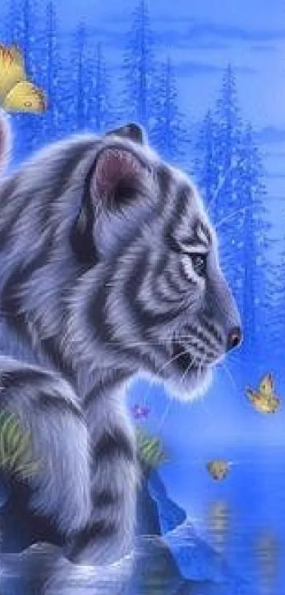 Majestic tiger beside a lake with butterflies in a blue forest background.