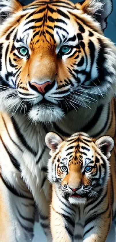 Majestic tiger and cub in forest mobile wallpaper.