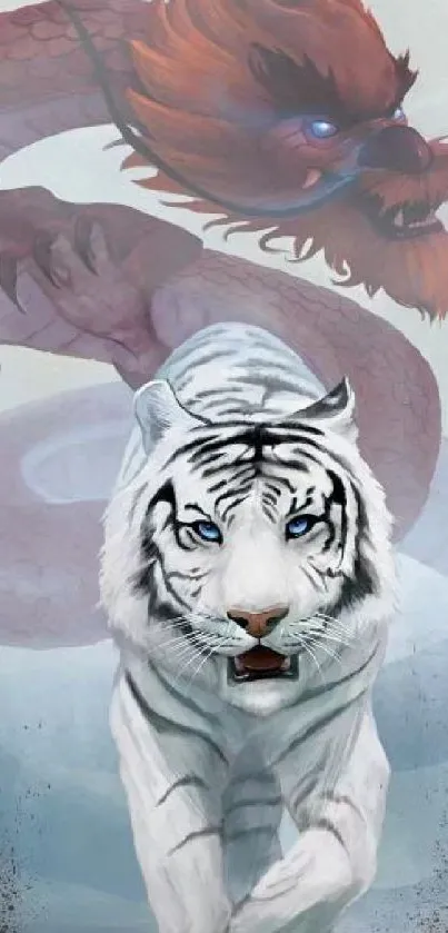 White tiger and red dragon fantasy art wallpaper.