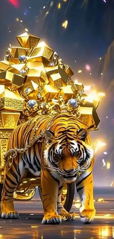 Tiger pulling a golden cart with colorful backdrop.