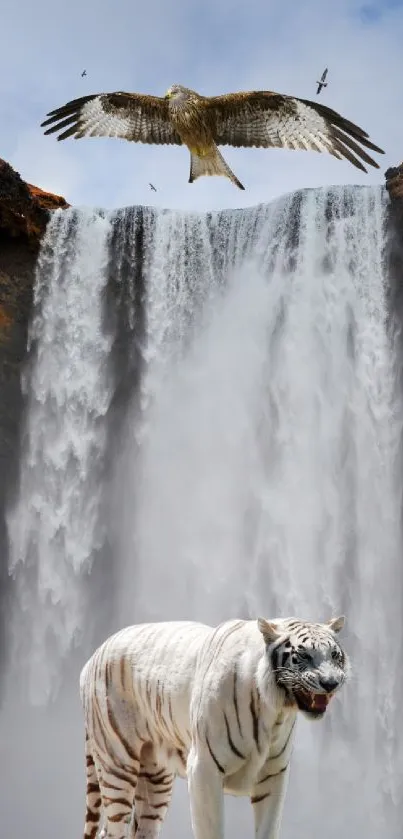 White tiger and hawk by waterfall with clear sky.