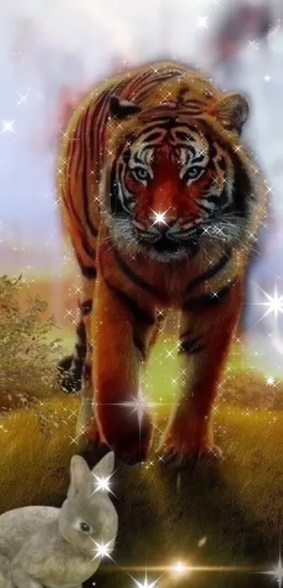 Wallpaper of a majestic tiger and rabbit with sparkling effects.