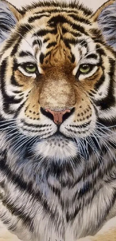 Artistic tiger face on a mobile wallpaper, vivid and detailed.