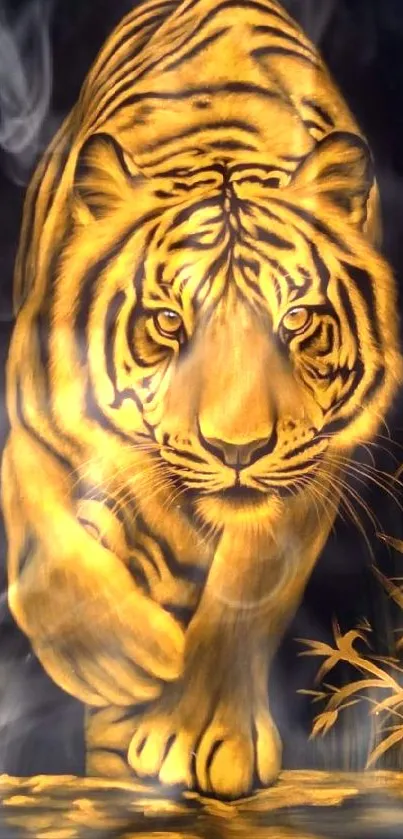 Majestic tiger art wallpaper in golden hues.