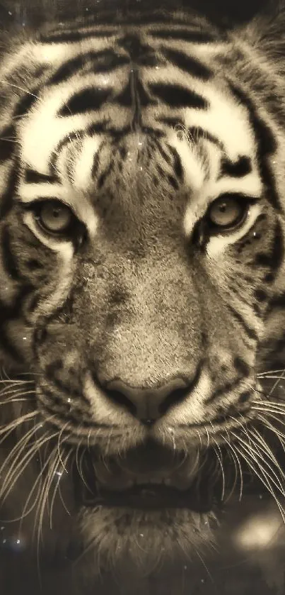 Sepia-toned close-up of a majestic tiger face.