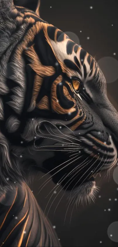 Artistic black and orange tiger in profile with glowing accents.