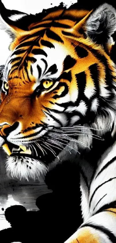 Vibrant tiger art wallpaper with orange and black hues, showcasing an intense gaze.