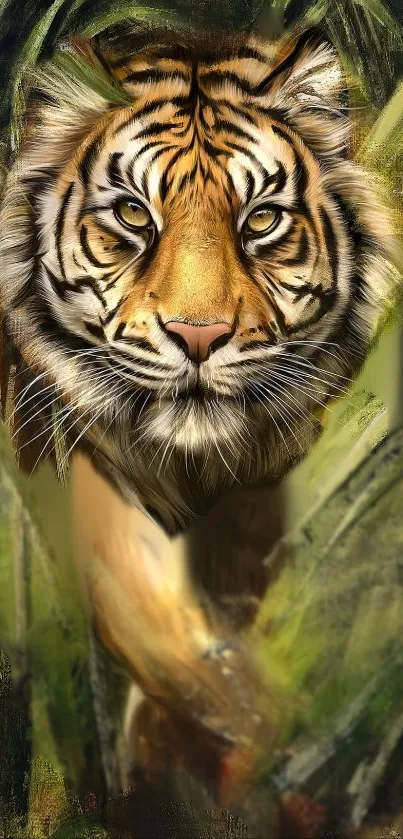 Majestic tiger in lush jungle artwork with vibrant gold hues.