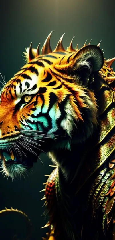 Artistic mix of tiger and dragon with scales in vibrant colors.